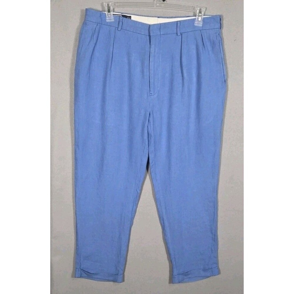 Vtg Polo Ralph Lauren Pants Mens 38x29 (38×32 Tag) Blue Linen Pleated Cuffed